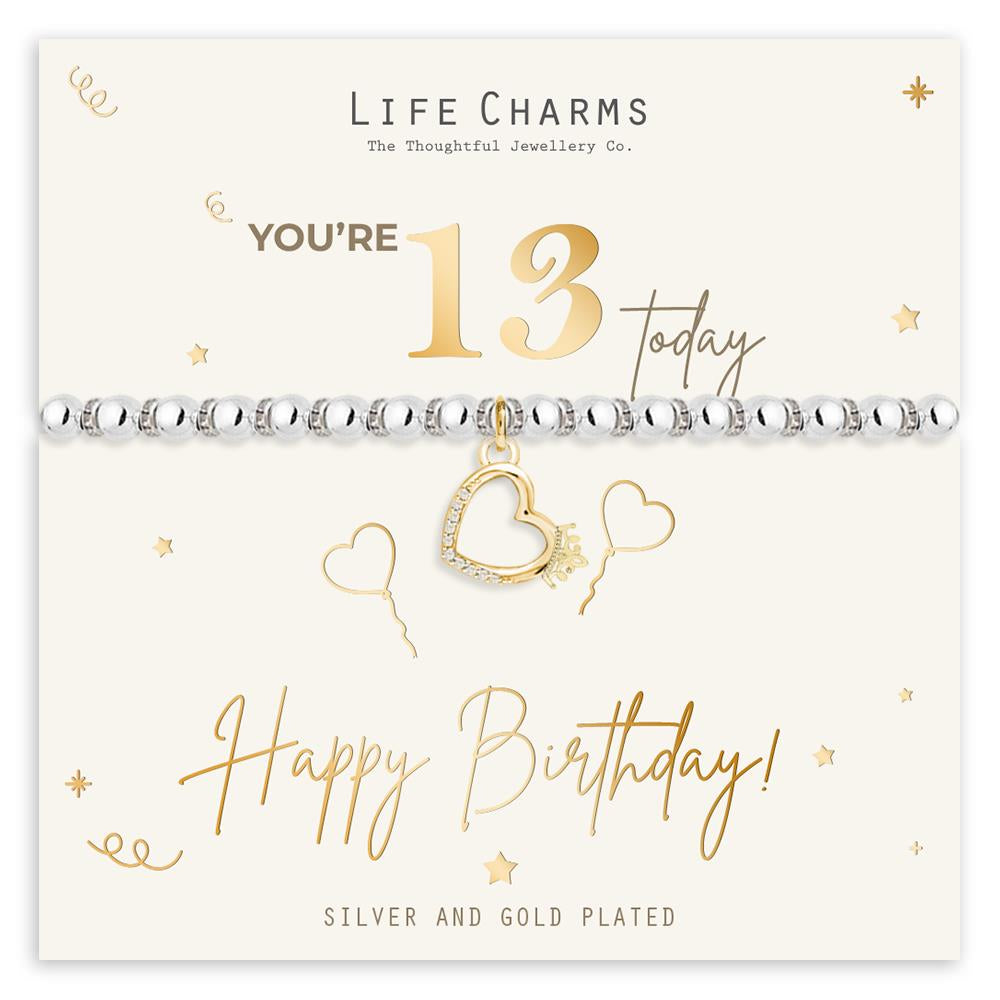 Life Charms 13th Birthday bracelet with silver beads, featuring a gold-plated heart charm outlined with crystals, silver and gold plated.
