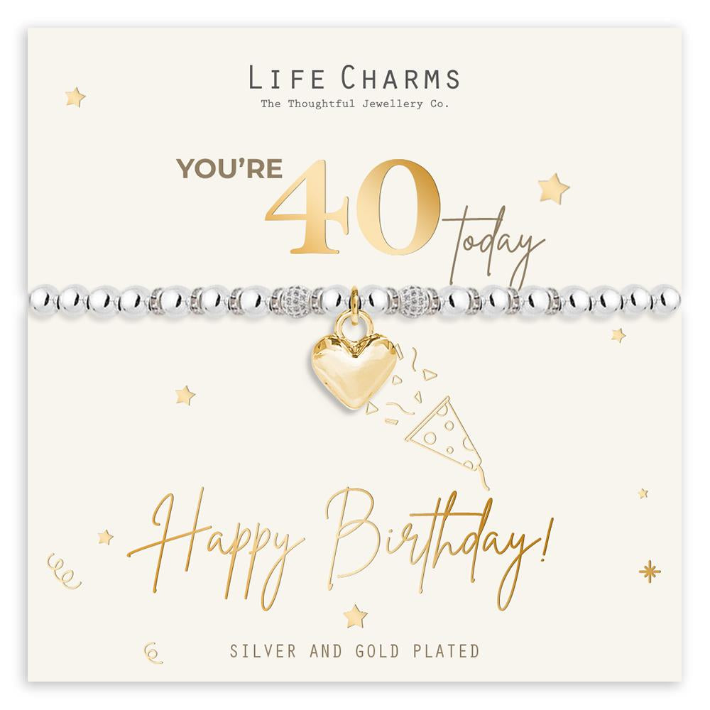 A silver and gold plated bracelet with heart charms, presented on a card that reads 'Life Charms - You're 40 today - Happy Birthday!'.