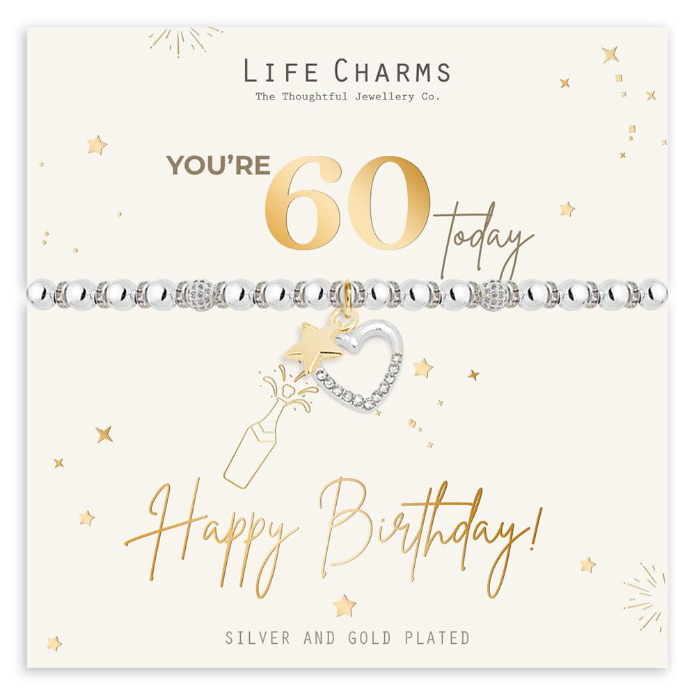 Life Charms 60th Birthday bracelet with silver beads, featuring a silver heart charm with crystals and a gold star detail, silver and gold plated.