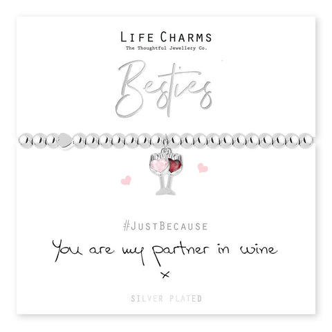 Silver bracelet with wine glass charm on a white background, featuring 'Life Charms' branding.