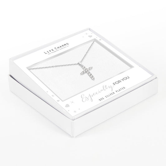 An adjustable silver chain necklace with a cross charm, presented in a white gift box with 'Life Charms' branding and the phrase 'Especially for you' on the front.