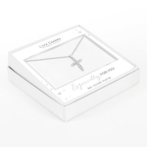 An adjustable silver chain necklace with a cross charm, presented in a white gift box with 'Life Charms' branding and the phrase 'Especially for you' on the front.