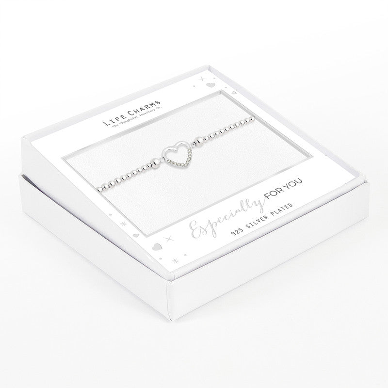 Silver plated beaded bracelet with an open crystal heart charm, presented in Life Charms gift packaging with the message 'Especially For You'.