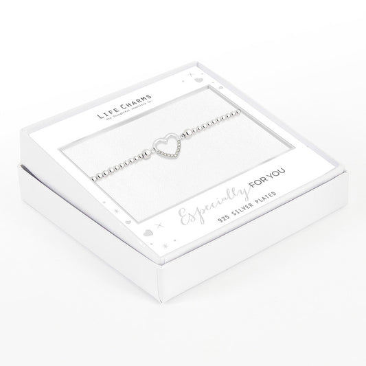 Silver plated beaded bracelet with an open crystal heart charm, presented in Life Charms gift packaging with the message 'Especially For You'.