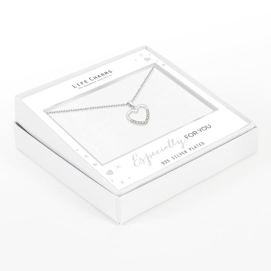 An adjustable silver necklace with a crystal encrusted open heart charm, presented in a white gift box with 'Life Charms' branding.