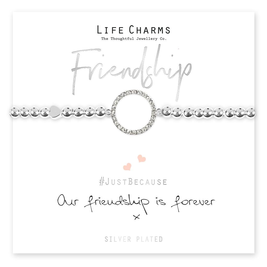 Life Charms silver-plated friendship bracelet with crystal circle charm and beaded design, presented on card with 'Our friendship is forever' message.