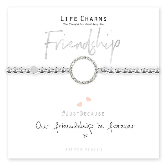 Life Charms silver-plated friendship bracelet with crystal circle charm and beaded design, presented on card with 'Our friendship is forever' message.