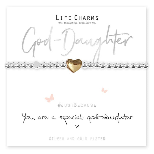 A silver and gold plated bracelet with a charm, presented on a card with 'God-Daughter' and '#JustBecause' text.
