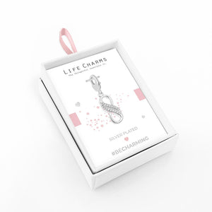 Silver-plated infinity charm with sparkling stones, presented in a white gift box with pink accents and labeled “Life Charms – The Thoughtful Jewellery Co.