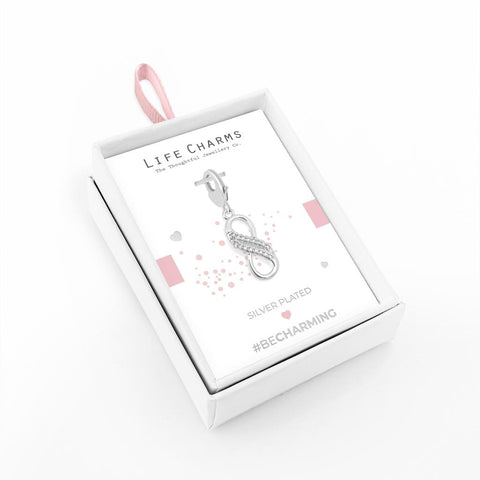 Silver-plated infinity charm with sparkling stones, presented in a white gift box with pink accents and labeled “Life Charms – The Thoughtful Jewellery Co.