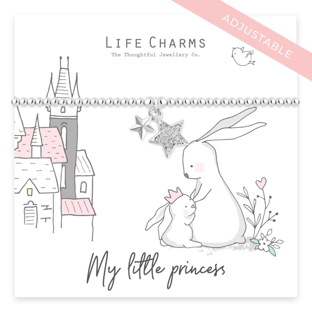 Illustration of a bracelet with silver beads and charms, including a rabbit and a star, accompanied by text 'My little princess' on a gift card, against a white background.