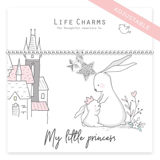 Illustration of a bracelet with silver beads and charms, including a rabbit and a star, accompanied by text 'My little princess' on a gift card, against a white background.