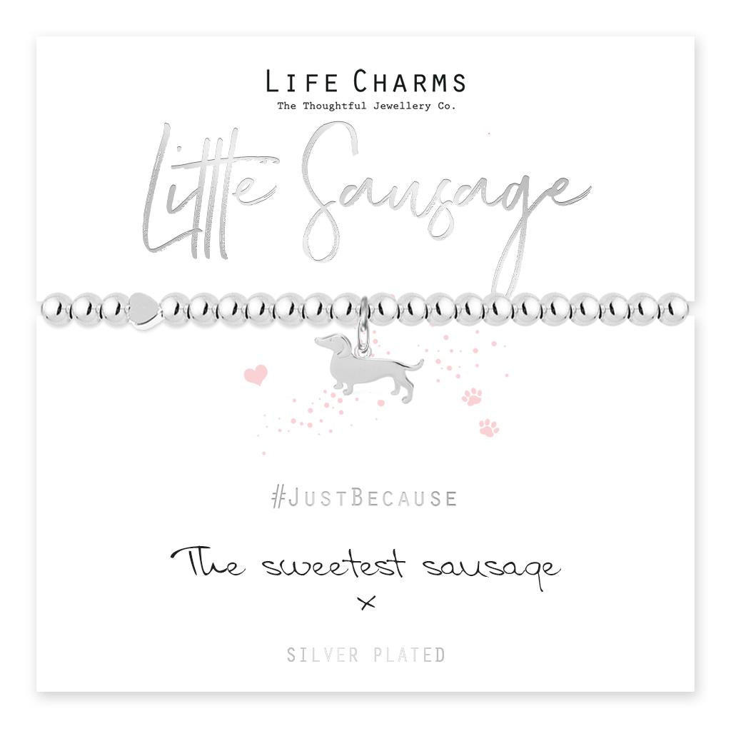 A silver-plated dachshund dog charm presented on a card with 'Little Sausage' written above and 'Just Because' and 'The sweetest sausage' written below.
