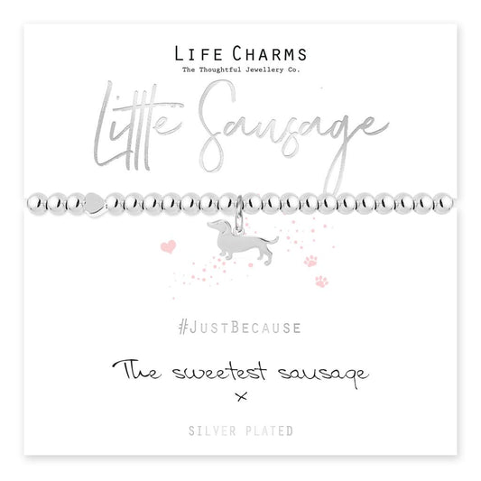 A silver-plated dachshund dog charm presented on a card with 'Little Sausage' written above and 'Just Because' and 'The sweetest sausage' written below.