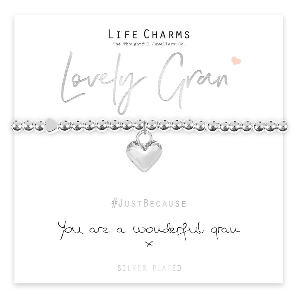 A silver-plated bracelet with a puffed heart charm, presented on a card that reads '#JustBecause You are a wonderful Gran', packaged in a luxury gift box.