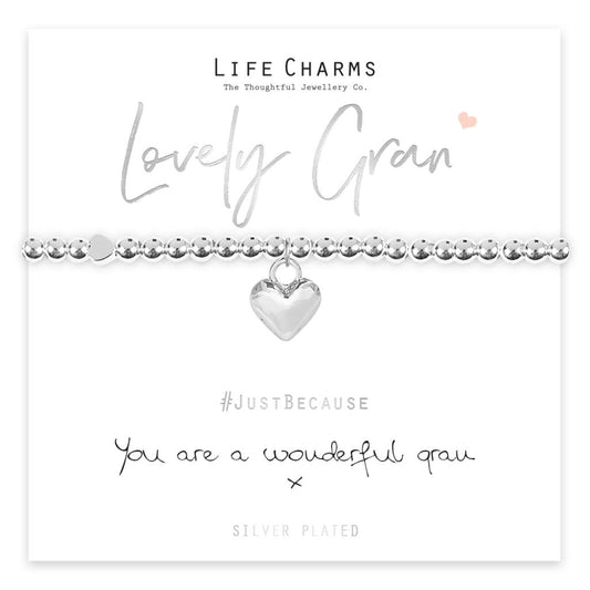 A silver-plated bracelet with a puffed heart charm, presented on a card that reads '#JustBecause You are a wonderful Gran', packaged in a luxury gift box.