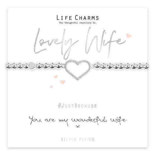 A silver-plated bracelet with a crystal encrusted heart charm, presented on a card that reads 'Lovely Wife' and 'Just Because you are my wonderful wife'. The bracelet is shown in a clear box with a white and pink decorative background.