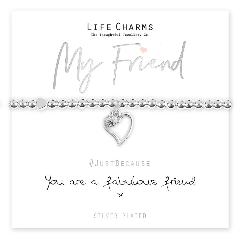A silver-plated open heart charm bracelet with crystal accents, presented on a card that reads 'My Friend' and 'Just Because you are a fabulous friend'. The bracelet is shown on a white background.