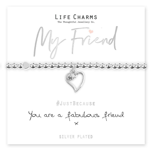 A silver-plated open heart charm bracelet with crystal accents, presented on a card that reads 'My Friend' and 'Just Because you are a fabulous friend'. The bracelet is shown on a white background.