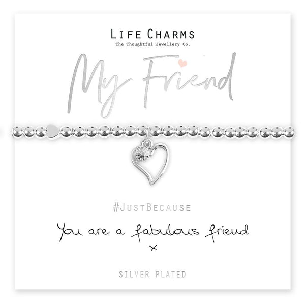 A silver-plated open heart charm bracelet with crystal accents, presented on a card that reads 'My Friend' and 'Just Because you are a fabulous friend'. The bracelet is shown on a white background.