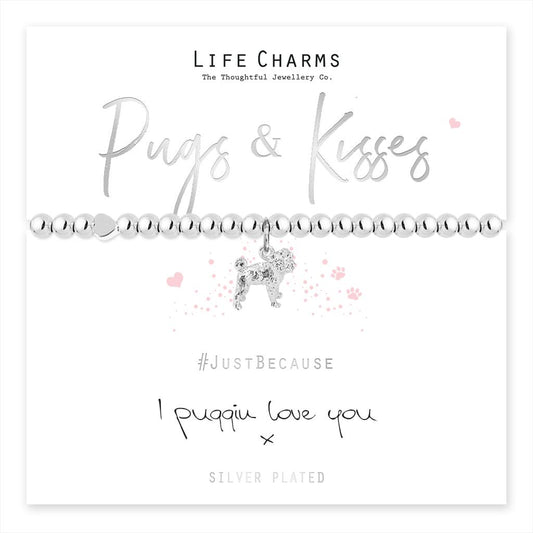 A silver-plated pug charm bracelet on a presentation card with 'Pugs & Kisses' text and the brand 'Life Charms'. The card also includes a 'Just Because I Puggin Love You' message.