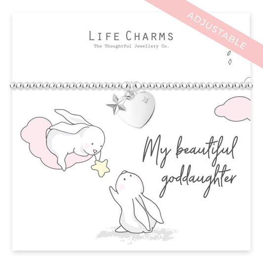 Life Charms rosey rabbit adjustable bracelet 'my beautiful goddaughter' silver plated with heart and star. 
