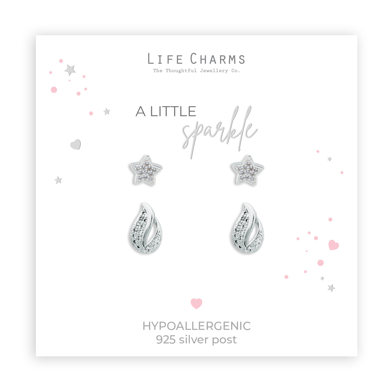 A set of silver-plated earrings featuring a star and drop design, packaged in a box with 'Life Charms' branding and a Christmas sleeve.