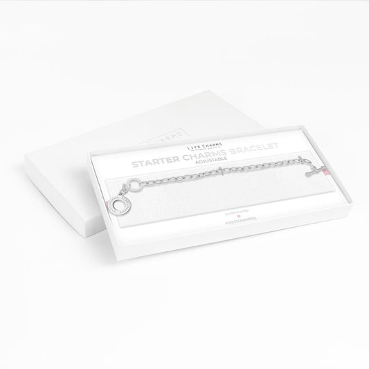 A silver plated chain bracelet with an engraved clasp, presented in a luxury gift box with the text 'STARTER CHARM BRACELET'.