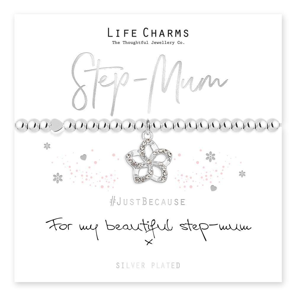 A silver-plated pure silver bracelet with a flower charm, presented in a gift box with a silver foiled card.