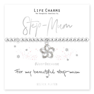 A silver-plated pure silver bracelet with a flower charm, presented in a gift box with a silver foiled card.