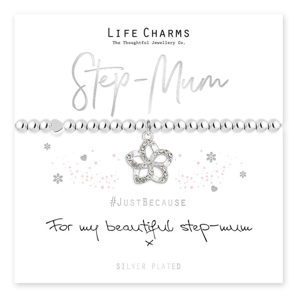 A silver-plated pure silver bracelet with a flower charm, presented in a gift box with a silver foiled card.