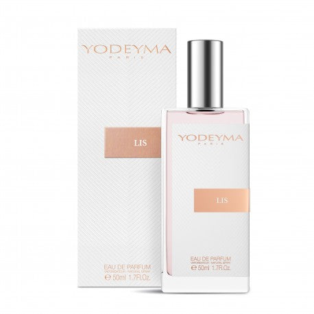 A Yodeyma Eau de Parfum 50ml with its packaging, the fragrance name is Lis indicated on the box, a luminous, refined floral scent—fresh, feminine, and versatile. It morphs elegantly from sparkling citrus into creamy florals, wrapped in a warm, musky-vanilla embrace. Smells like: Armani My Way.