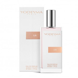 A Yodeyma Eau de Parfum 50ml with its packaging, the fragrance name is Lis indicated on the box, a luminous, refined floral scent—fresh, feminine, and versatile. It morphs elegantly from sparkling citrus into creamy florals, wrapped in a warm, musky-vanilla embrace. Smells like: Armani My Way.