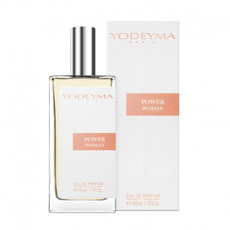A bottle of Yodeyma Eau de Parfum 50ml with its packaging, the fragrance name is Power Women indicated on the box. The luminous mix of raspberry, with the softness of gardenia and the warmth of patchouli, make up a seductive and intense perfume. Smells like: Lady Million by Paco Rabanne.