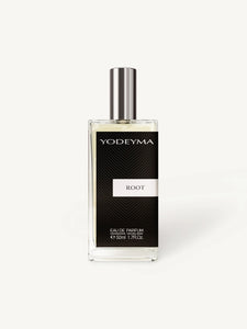 A bottle of Yodeyma Eau de. Parfum 50ml with its packaging the fragrance name is Root a beautifully balanced fragrance that resonates like a silent poem to nature. Crisp and luminous on the surface, it settles into a richly textured earthiness—rooted, refined, and endlessly versatile. Smells like: Terre d’Hermès by Hermès.