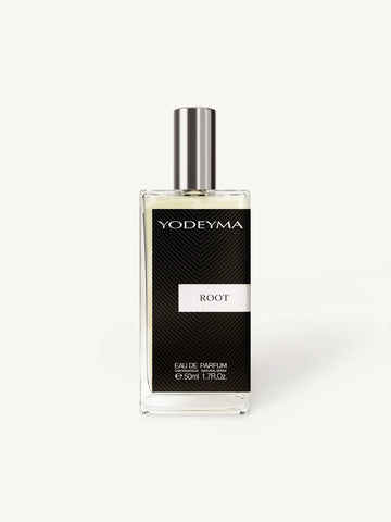 A bottle of Yodeyma Eau de. Parfum 50ml with its packaging the fragrance name is Root a beautifully balanced fragrance that resonates like a silent poem to nature. Crisp and luminous on the surface, it settles into a richly textured earthiness—rooted, refined, and endlessly versatile. Smells like: Terre d’Hermès by Hermès.