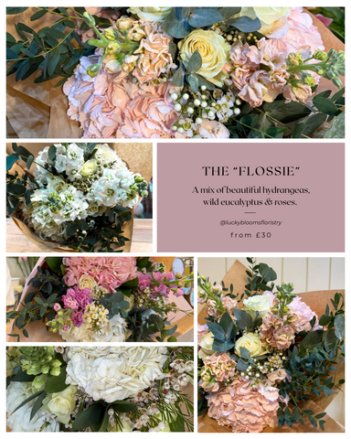 A collage of images displaying a bouquet named 'The Flossie' consisting of hydrangeas, eucalyptus, and roses in various colors including pink, white, and green, arranged in a circular pattern.