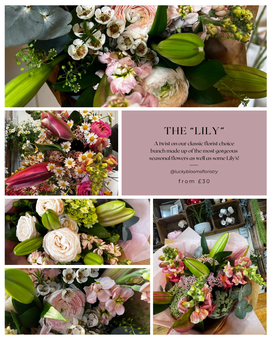 A collage of images showcasing a floral bouquet named 'The Lily'. The main images display a variety of flowers including lilies, roses, and greenery, arranged in a round shape.