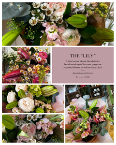 A collage of images showcasing a floral bouquet named 'The Lily'. The main images display a variety of flowers including lilies, roses, and greenery, arranged in a round shape.