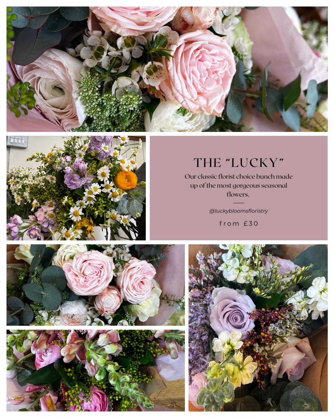 A collage of images showcasing a hand-tied bouquet with a variety of flowers, including pink roses and mixed seasonal flowers, with a price tag indicating 'From £30'.