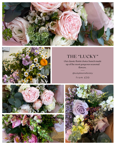 A collage of images showcasing a hand-tied bouquet with a variety of flowers, including pink roses and mixed seasonal flowers, with a price tag indicating 'From £30'.