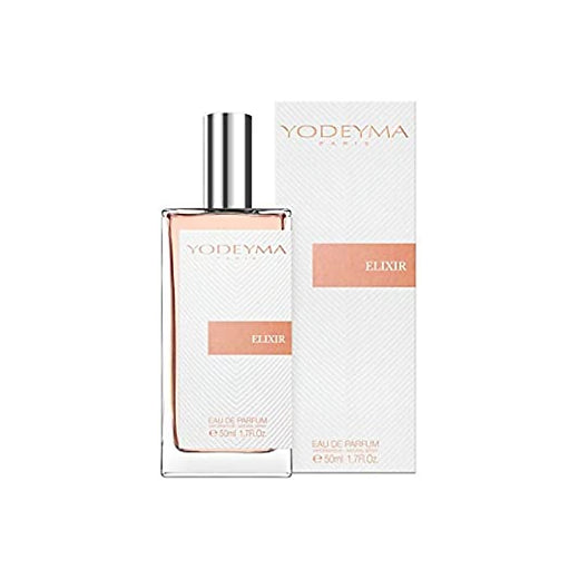 A bottle of Yodeyma Eau de Parfum 50ml with its packaging, the fragrance name is Elixir indicated on the box, and the scent description mentions coffee, liqueur, and vanilla.