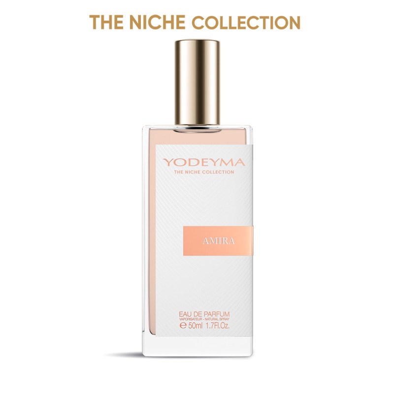 A bottle of Yodeyma Eau de Parfum 50ml with the label 'Amira' prominently displayed. a lush, creamy-floral fragrance that opens with pear, incense, and hazelnut; blossoms with saffron, rose, jasmine, and osmanthus; and settles into a velvety base of sandalwood, ambergris, cistus, and vanilla—an elegantly warm, unforgettable scent. Smells like: Guidance by Amouage.