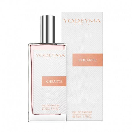 A bottle of Yodeyma Eau de Parfum 50ml with its packaging the fragrance name is Cheante. A sumptuous triptych of citrus, opulent florals, and rich, ambered woods—a fragrance that whispers elegance with a whisper of rebellion