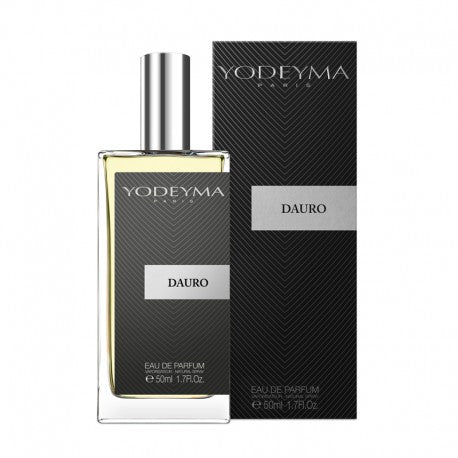 A bottle of Yodeyma Eau de Parfum 50ml with it's packaging. the fragrance name is Dauro indicated on the box. a suave, amber-woody fragrance that begins with a sparkling blend of bergamot, lemon, and green mandarin, giving way to a spicy-aromatic heart of star anise, olive blossom, and lavender. It settles into a warm, seductive base of tonka bean, guaiac or cedarwood, leather, and tobacco—classic, elegant, and undeniably magnetic. 