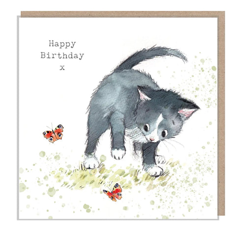 Cute Cat Birthday Card - Black Cat With Butterflies