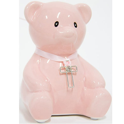 Teddy Money Box And Cross - Pink
