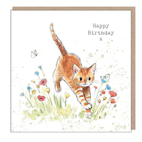 Cute Cat Birthday Card - Cat Jumping Through Flowers