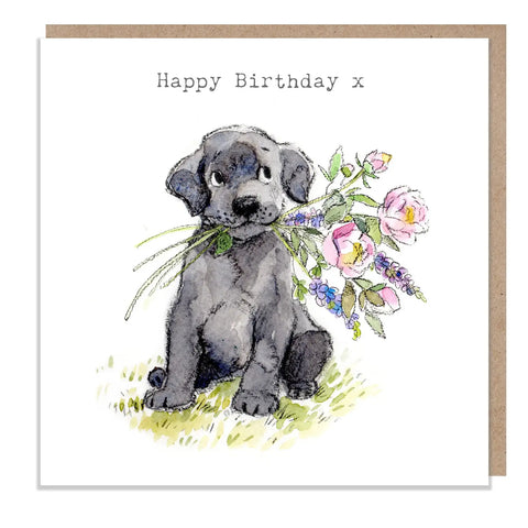 Cute Dog Birthday Card - Black Lab With Flowers