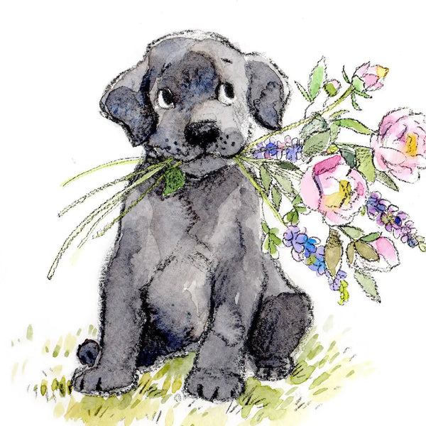 Cute Dog Birthday Card - Black Lab With Flowers